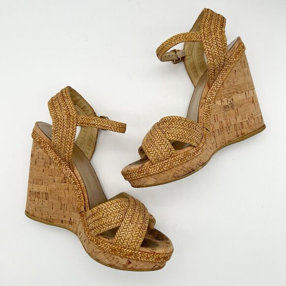Stuart Weitzman Minx Tan Woven Leather Ankle Strap Cork Wedge Sandals Women’s 7 - Picture 4 of 16